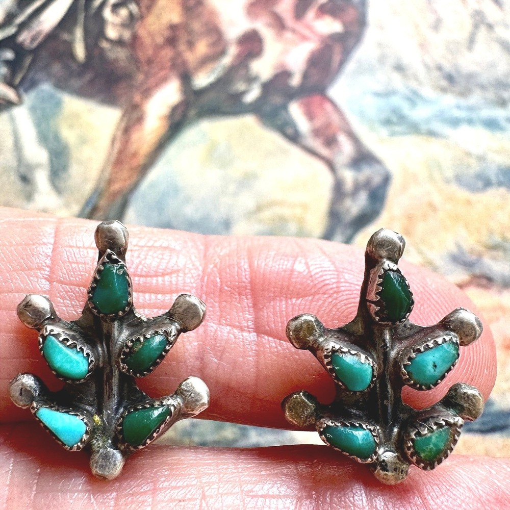 Zuni Turquoise Earrings Clip On Sterling MCM Native American Old Fine 1950s